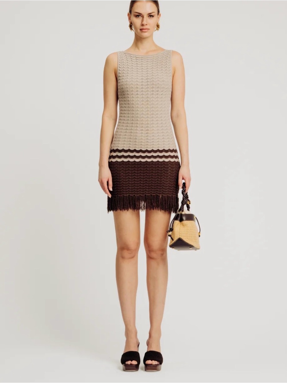 Torn by Ronny Kobo • the birdie dress knit fringe mini low back brown taupe XS